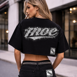 OEM Custom High Quality Black Cotton Rhinestone Boxy Crop Top Drop Shoulder Oversized T Shirt For Women Heavyweight Men's shirts - Product Image 3