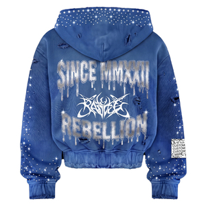 Sudadera con capucha para hombre con pedrería, 450 g/m², 100% algodón, azul con lavado ácido, efecto desgastado, corte holgado, estilo streetwear, de peso pesado - Product Image 2