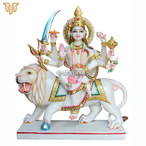 Marble Durga Maa Statue on White Lion | Four Armed Durga Mata Murti with Bow and Sword by MALIYAS Jaipur India - Product Image 2