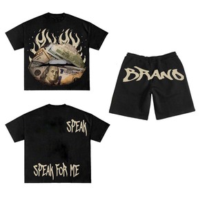 Conjunto de camiseta y pantalones cortos de felpa francesa de 280 GSM para mujer, color negro, impresión DTG, logotipo personalizado, 100% algodón. - Product Image 1