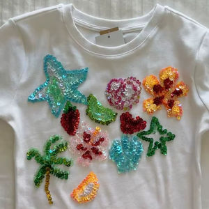 Débardeur blanc en coton à manches courtes pour femme, avec broderie perlée et patchs de sequins motif arbre, fruit, cœur, fleur - Fournisseur en gros - Product Image 1