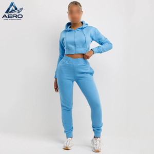 Best Product Ladies Tracksuit, With Zip Front Crop Hooded And Jogger <b>Set</b> Sky Blue Color Gym Wear Women Crop Tracksuit <b>Set</b> - Product Image 1