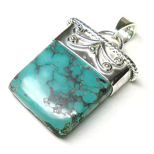 Tibetan Turquoise 925 Sterling Silver Handmade Fashion Pendant Natural Gemstone Boho Jewelry Statement Design Wholesale - Product Image 5