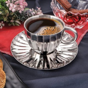 Elegant Stainless Steel Coffee Cup and Saucer Set with High Mirror Polish Dishwasher Safe Metal Handle Wedding <b>Flatware</b> - Product Image 1