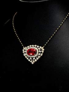 Modern oval <b>ruby</b> diamond halo <b>necklace</b> with floral marquise frame premium luxury jewelry for weddings and special occasions - Product Image 2