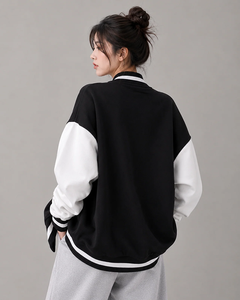 Purple Varsity <b>Jacket</b> With White Sleeves Embroidered Letter S Button Closure Regular Length Autumn Wear - Product Image 6