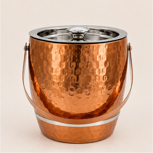 Seau à glace en acier inoxydable à double paroi martelé couleur cuivre avec couvercle, refroidisseur à vin et champagne pour accessoires de bar - Product Image 1