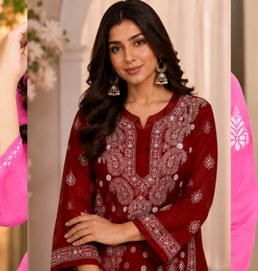 Kurti Georgette Chikankari le plus vendu - Kurti ethnique décontracté pour femme, brodé de luxe à Lucknow, couleur rouge bordeaux - Product Image 3