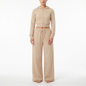 Women's Cropped Zip Jacket Wide Leg Straight Stacked Sweatpants Two Piece Sweatshirt <b>Loungewear</b> <b>Set</b> - Product Image 5