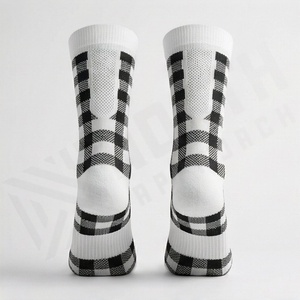 Crew <b>Socks</b> Plaid Pattern <b>Black</b> White Checkered Design Breathable Knitted Regular Style Adult Casual Wear - Product Image 2