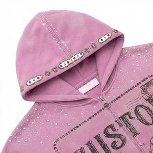 Custom Men’s Oversized Cotton Hoodie with Dirty Wash Graphic Print, DTG Boxy Fit and Rhinestone Zip-Up Design - Product Image 4