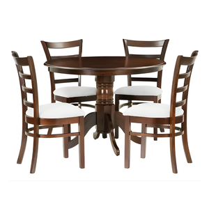 Classic Solid Wood Round 4 Seater <b>Dining</b> Table Set with Pedestal Base Dark Walnut Finish Ladder-Back Upholstered <b>Chairs</b> - Product Image 2