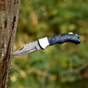 Cuchillo Plegable de Acero de Damasco con Hoja de Punta Caída y Apertura con Perilla, Cuchillo de Camping - Product Image 2