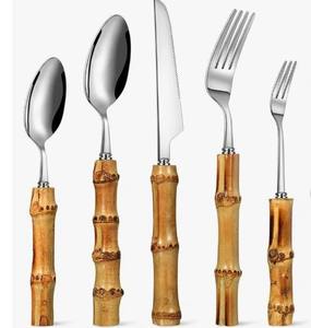 Juego de cubiertos de acero inoxidable con mango de bambú premium, 60 piezas, 18/8, tenedores, cucharas, cuchillos, vajilla para 12 personas a precio económico. - Product Image 1