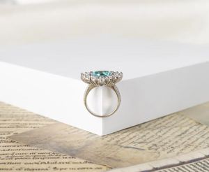 Anillo de compromiso y boda de lujo con halo vintage de turmalina Paraíba cultivada en laboratorio, chapado en oro sobre plata de ley 925, delicado, certificado, 8 gramos - Product Image 4