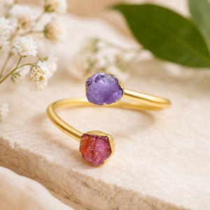 แหวนพลอยสีแดงแอเมทิสต์ธรรมชาติหินคู่24K แหวนทองอิเล็กโทรเพลทปรับได้เครื่องประดับทำมือขายส่งสำหรับอินเดีย - Product Image 1