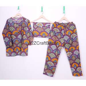 ชุดนอนผ้าฝ้ายแท้ 100% สำหรับผู้หญิง แขนสามส่วน ลายพิมพ์บล็อกดอกไม้ หรูหรา สำหรับเจ้าสาวและเพื่อนเจ้าสาว เอวยางยืด - Product Image 1