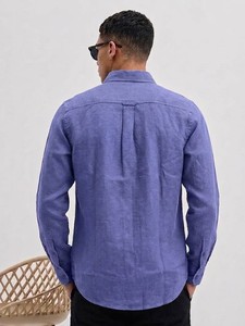 Camisa de vestir de lino y algodón azul para hombre, manga larga, cuello vuelto, color sólido, antiarrugas, estilo casual elegante para primavera - Product Image 2