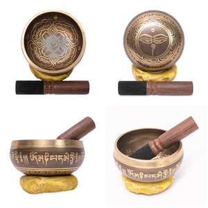 Ensemble de bol chantant tibétain sculpté en bronze religieux de 9,5 cm avec mallette et coussin |   Bain sonore de méditation en or plaqué or fait main - Product Image 5