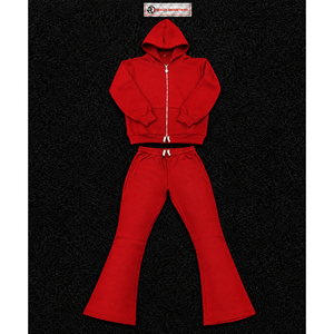 Ensemble de survêtement rouge pour homme, sweat à capuche zippé et pantalon évasé, deux pièces assorties, style décontracté streetwear, tenue de jogging, personnalisable, vente en gros, sport - Product Image 5