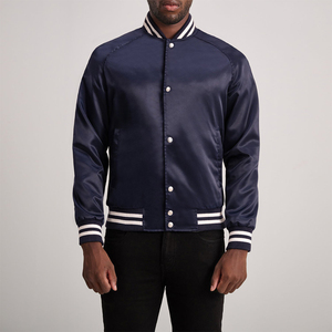 Men's Classic Navy Blue Satin Varsity <b>Jacket</b> Snap Button Shiny Silk Baseball Bomber <b>Jacket</b> Lightweight Casual Slim Fit Outerwear - Product Image 1