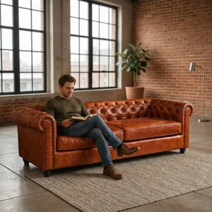 Juego de Sofás Chesterfield de Cuero Genuino Premium – Sofá Chesterfield Clásico de Estilo Italiano en Color Marrón para Muebles de Sala de Estar - Product Image 3