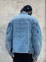 Nouvelle veste en jean pour homme, coupe ample, 100% coton, bleu vieilli, avec broderie personnalisée sur empiècements, design unique et bords bruts