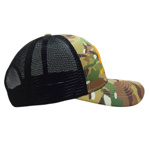 Casquette Trucker 6 Panneaux en Maille Noire avec Broderie 3D, Visière Courbe, Coutures Contrastantes, Boucle Simple en Plastique et Camouflage Vert - Product Image 3