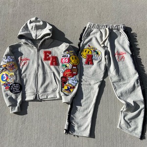Custom Factory Manufacture High Quality Distressed Embroidery <b>Tracksuit</b> For Men Heavyweight 100% Cotton Patch Logo <b>Tracksuits</b> - Product Image 1