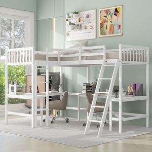 Cama Alta Blanca Tamaño Individual en Forma de L con Escalera y 2 Escritorios Integrados, Cama para Niños - Product Image 1