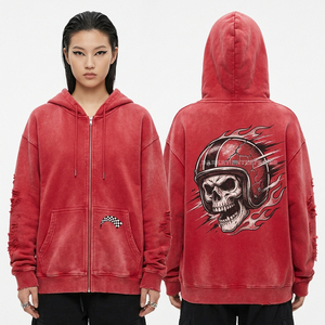 Premium 500GSM Maroon Acid Wash <b>Skeleton</b> Rib Cage Distressed Zip Hoodie Gothic Chain Skull Graphic Heavyweight Streetwear Wear - Product Image 5