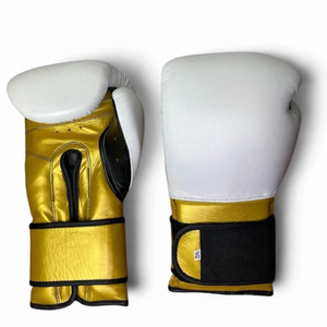 Gold White PU Boxing Gloves <b>Velcro</b> Wrist Closure For Adults 14 Years & Up Unisex Martial Arts Use - Product Image 1