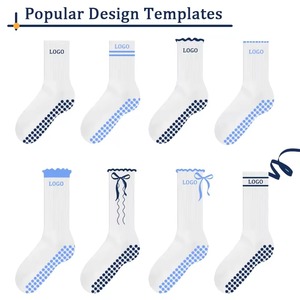Wholesale <b>Custom</b> Women Pilates <b>Grip</b> <b>Socks</b> Cotton Ruffle Crew <b>Socks</b> with Jacquard Flower Logo Non Slip Yoga <b>Socks</b> - Product Image 4