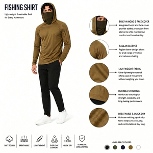 Men's Olive Green UPF 50 Long Sleeve Hooded Fishing Shirt Anti-<b>Uv</b> Quick Drying Polyester Solid Color Pullover Top - Product Image 6
