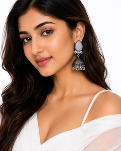 Luxury Oxidized <b>Silver</b> Tribal Jhumka <b>Earrings</b> Pear Cut Orange Stone Traditional Indian Wedding Jewelry for Women - Product Image 3