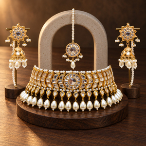 Venta al por Mayor de Conjuntos de Joyería Nupcial Chapados en Oro con Perlas, Collar de Gargantilla, Pendientes Jhumka y Tikka, Fabricante al por Mayor - Product Image 4