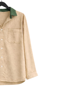 Women Beige Shirt And Dark Green Wide Leg <b>Pants</b> Two Piece Set Casual Linen Summer Outfit Custom OEM Clothing Manufacturer - Product Image 4