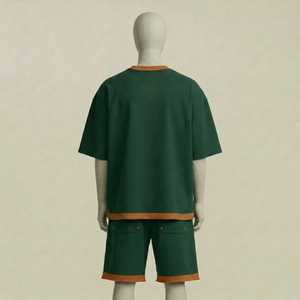 Ensemble T-shirt et short vert pour homme avec logo sportif, tenue décontractée d'été assortie, bordure contrastante, streetwear, ensemble coordonné deux pièces - Product Image 5