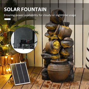 Fontana Solare a 4 Livelli con Luci LED, Vasi a Cascata in Resina e Pietre Impilate, Decorazione da Esterno - Product Image 5