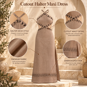 Robe longue maxi pour femme, taille naturelle, taupe, col halter, dos croisé, ourlet brodé, découpes élégantes, sans manches, longueur ras du sol, pour soirée d'été - Product Image 5