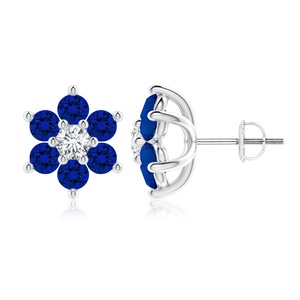 Natural <b>Blue</b> Sapphire Diamond Flower <b>Stud</b> <b>Earrings</b> 14Kt White Gold Round Gemstone Cluster <b>Studs</b> Screw Back Wholesale - Product Image 1