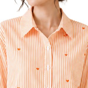 Camisa de mujer a rayas naranja y blanca con botones, blusa de algodón de manga larga con bordado de corazón, corte holgado, estilo casual, top oversize. - Product Image 5