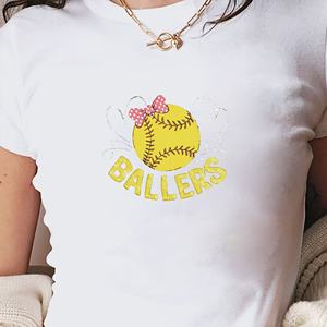 T-shirt court en tricot pour femme, coupe slim, imprimé softball, avec nœud rose, style Y2K - Product Image 4