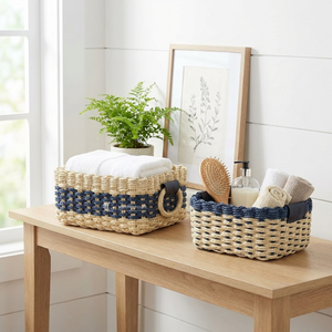 Paper Rope Storage Basket, Woven <b>Rectangle</b> Organizer with Ring Handles, Two-tone Nautical Eco-friendly Bathroom & Closet <b>Bin</b> - Product Image 2