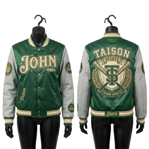 เสื้อแจ็คเก็ตบอมเบอร์ผู้หญิง ผ้าซาตินคุณภาพสูง สีเขียวและสีเทาตัดกันที่แขนเสื้อ ปักลายเชนิลล์ ปักโลโก้ เสื้อแจ็คเก็ตผู้หญิง - Product Image 1