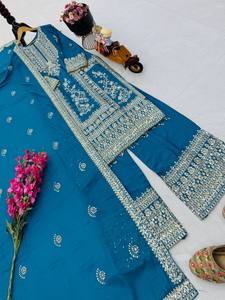 Elegante Salwar Kameez de Seda Azul con Bordado Intenso para Mujer, Ropa Tradicional Étnica para Bodas y Fiestas, para Todas las Temporadas - Product Image 5