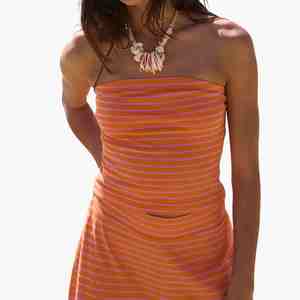 New Arrival Orange Pink Striped Strapless Dress <b>Knitted</b> Casual Spring Summer Sleeveless Top Wide Leg Pants Co-ord <b>Set</b> For Women - Product Image 3