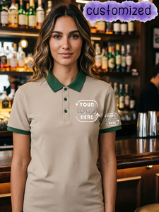 Custom Beige Polyester Polo Shirt Short Sleeve Solid Color Contrast Trim Embroidered Logo Adult All Seasons Promotional Wear - Product Image 2