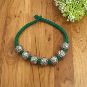 Handmade Oxidized <b>Silver</b> Beaded Statement Necklace, Green Thread Rope Chunky Tribal Necklace, Wholesale Bohemian Jewelry - Product Image 3