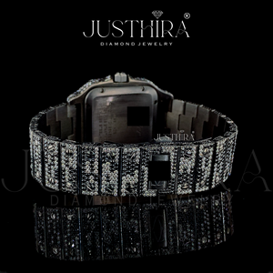 Montre-bracelet automatique mécanique de luxe en or, sertie de moissanite blanche et noire, avec cadran en verre et boîtier en acier inoxydable - Product Image 5